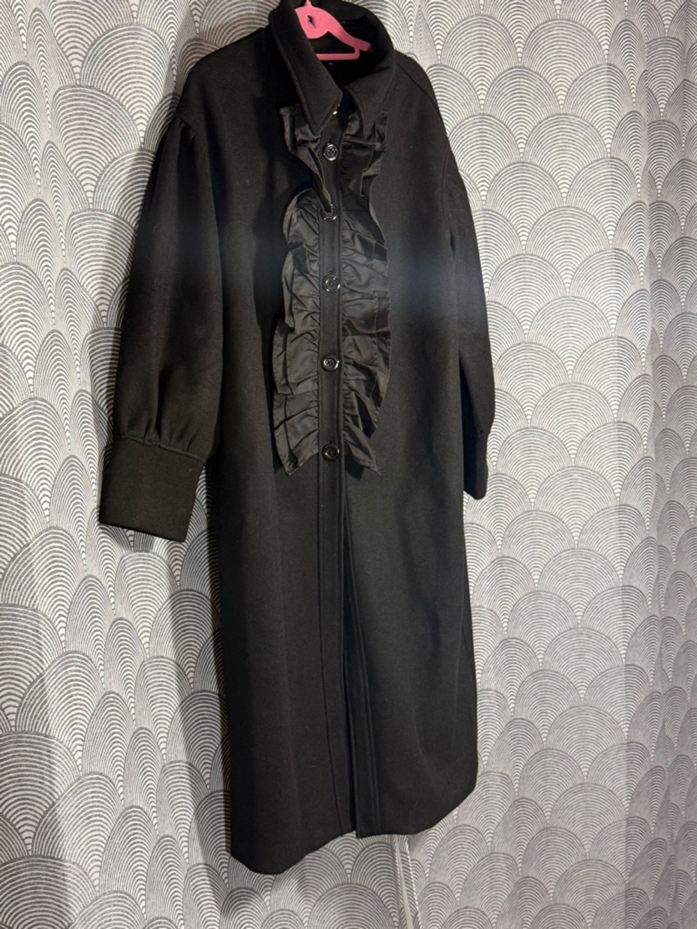 Black Long-Sleeve Ruffle-Front Coat - Picture 2 of 10